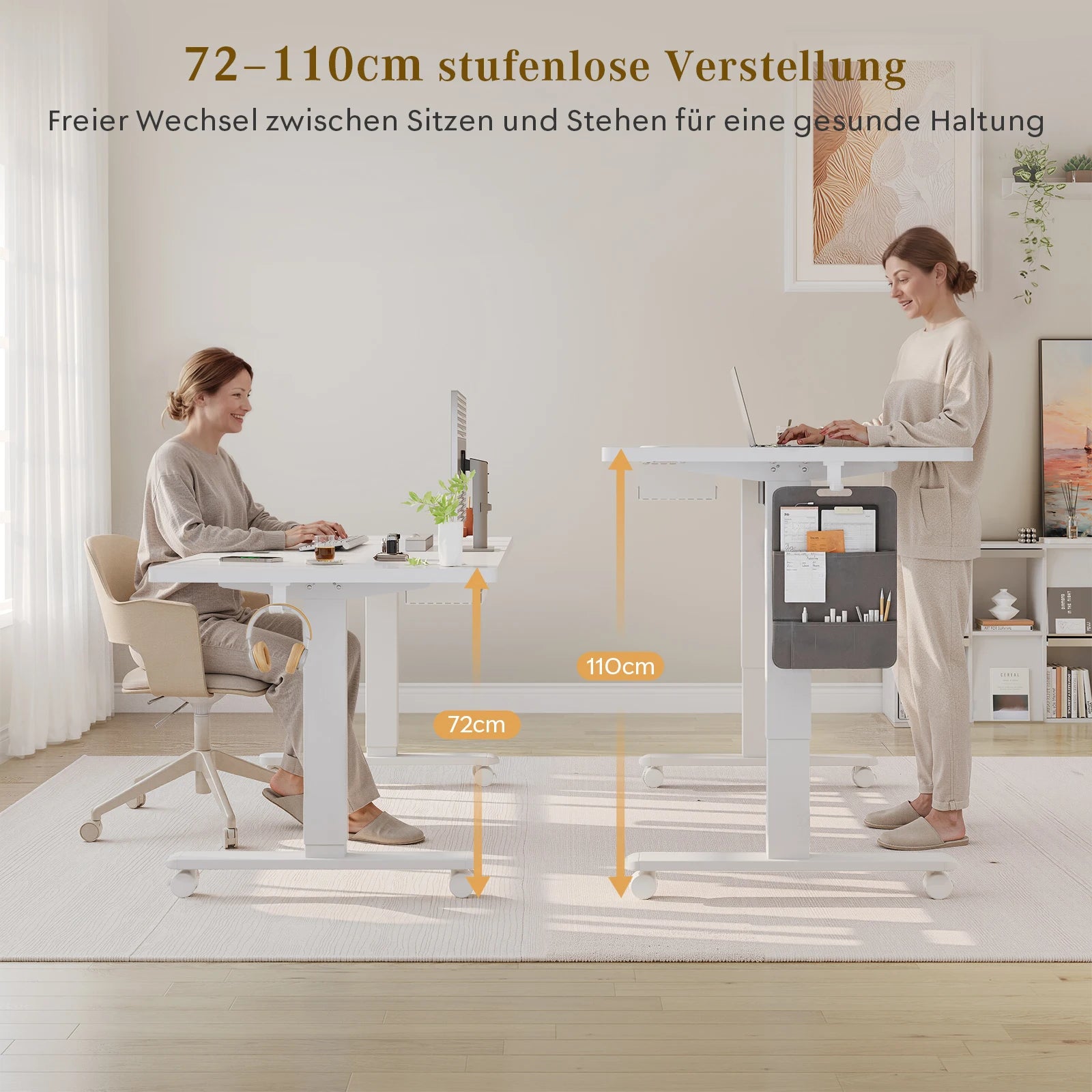 Devoko Elektrischer Schreibtisch, höhenverstellbar, 140x80 mit Rollen, Typ-C, Memory-Steuerung, Antikollision