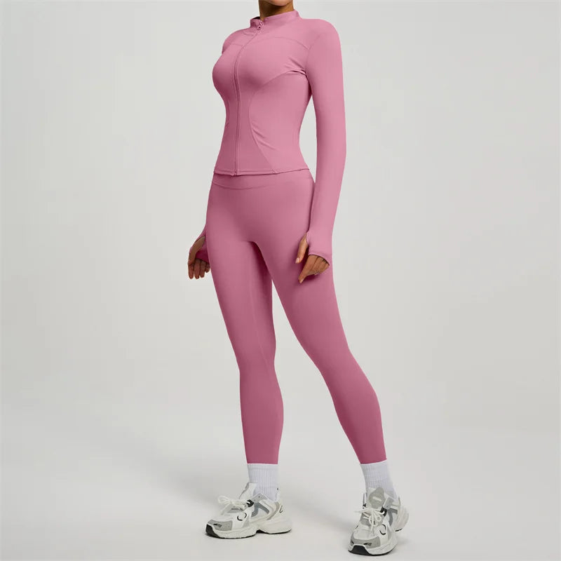 SVEIC Damen Zweiteiliger Trainingsanzug Yoga Set Langarmjacke High Waisted Leggings Atmungsaktive Sportkleidung Für Frauen