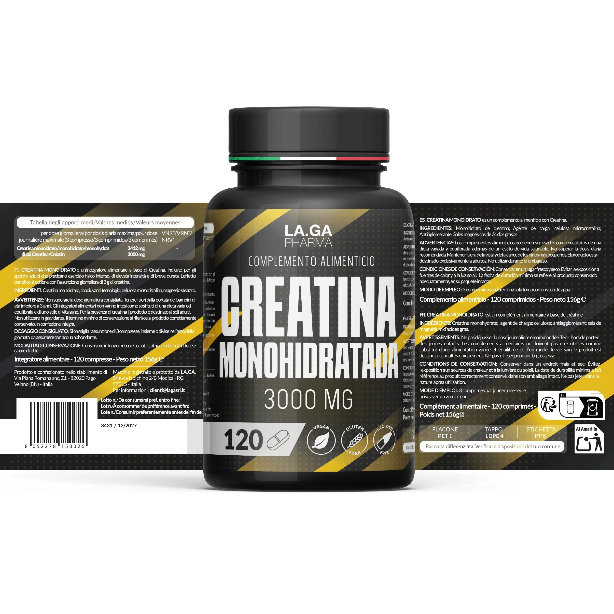 Kreatin Monohydrat 120 Tabletten mit 3000 mg Kreatin pur pro Dosis. Kreatin Monohydrat für Muskelmasse und Energieschub. Kreatin vor und nach dem Training. Kreatin Made in Italy, 100% vegan | LAGA Pharma. LAGA Healthy. LA.GA |