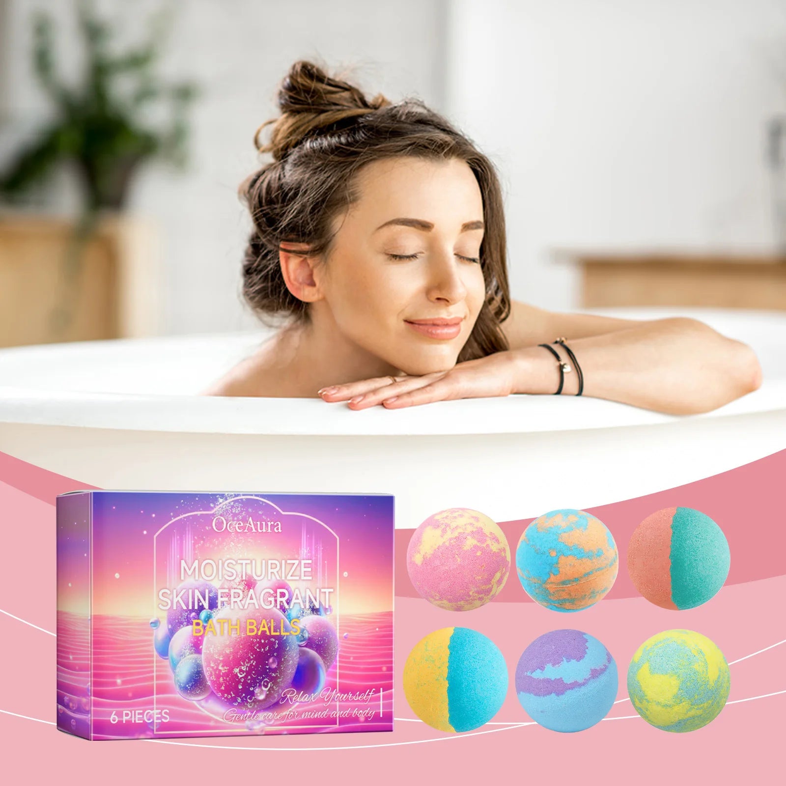 OceAura 6er-Set Sprudelbadbomben-Kugeln, Peeling, Körperpflege, Hautnährung, Lindert Müdigkeit, Stress, Angstzustände, Reinigt Poren, Körperbadebomben-Set