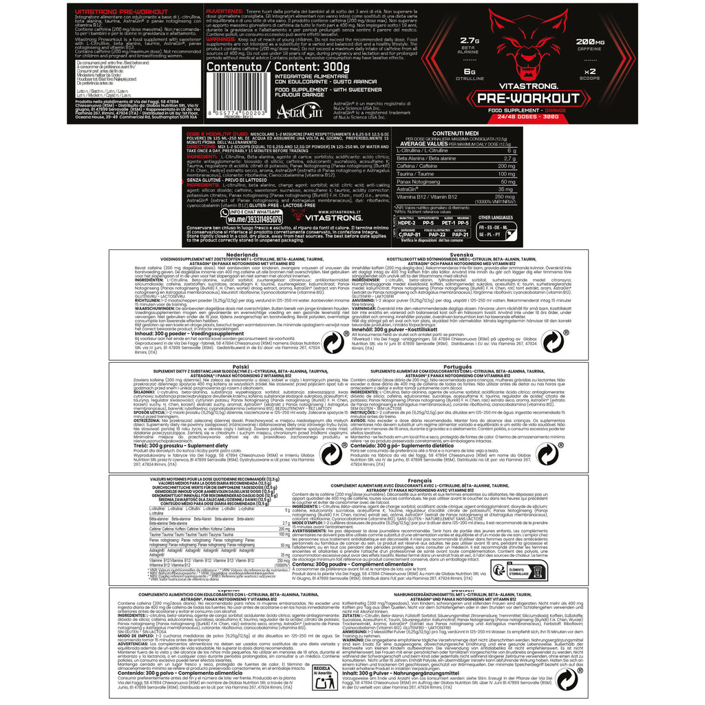 Pre-Workout Powerful 300g - Veganes Nahrungsergänzungsmittel mit L-Citrullin, Beta-Alanin, Koffein, Taurin, AstraGin, Panax Notoginseng, Vitastrong (24 Portionen, Orange Geschmack) - Hergestellt in Italien, Pre-Workout Nahrungsergänzungsmittel Pulver