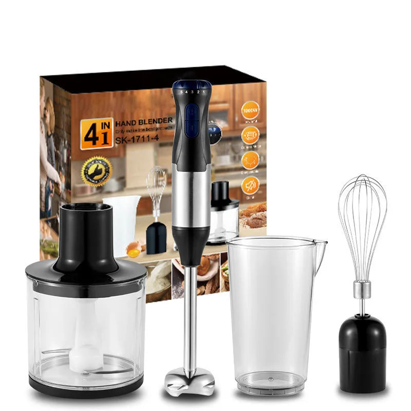 1000W Hochleistungs-4-in-1-Handmixer, Multifunktions-Edelstahlmixer, Gemüse- und Fleischhacker, Schneebesen und Eierschläger, Smoothie- und Milchshake-Set, Babynahrungszubereiter, Elektrischer Küchenmixer für Zuhause, All-in-One-Fleischwolf