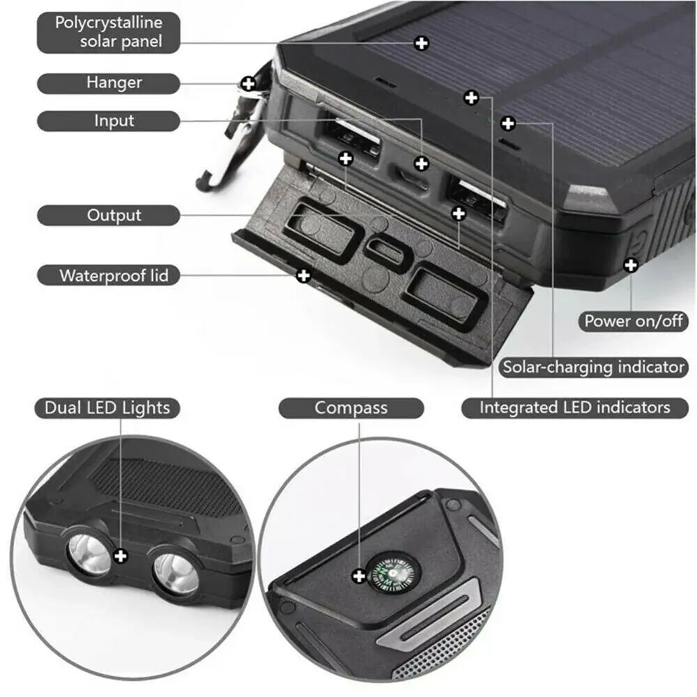 10000000mAh Solar Powerbank 2USB LED Akku Ladegerät für Mobiltelefone