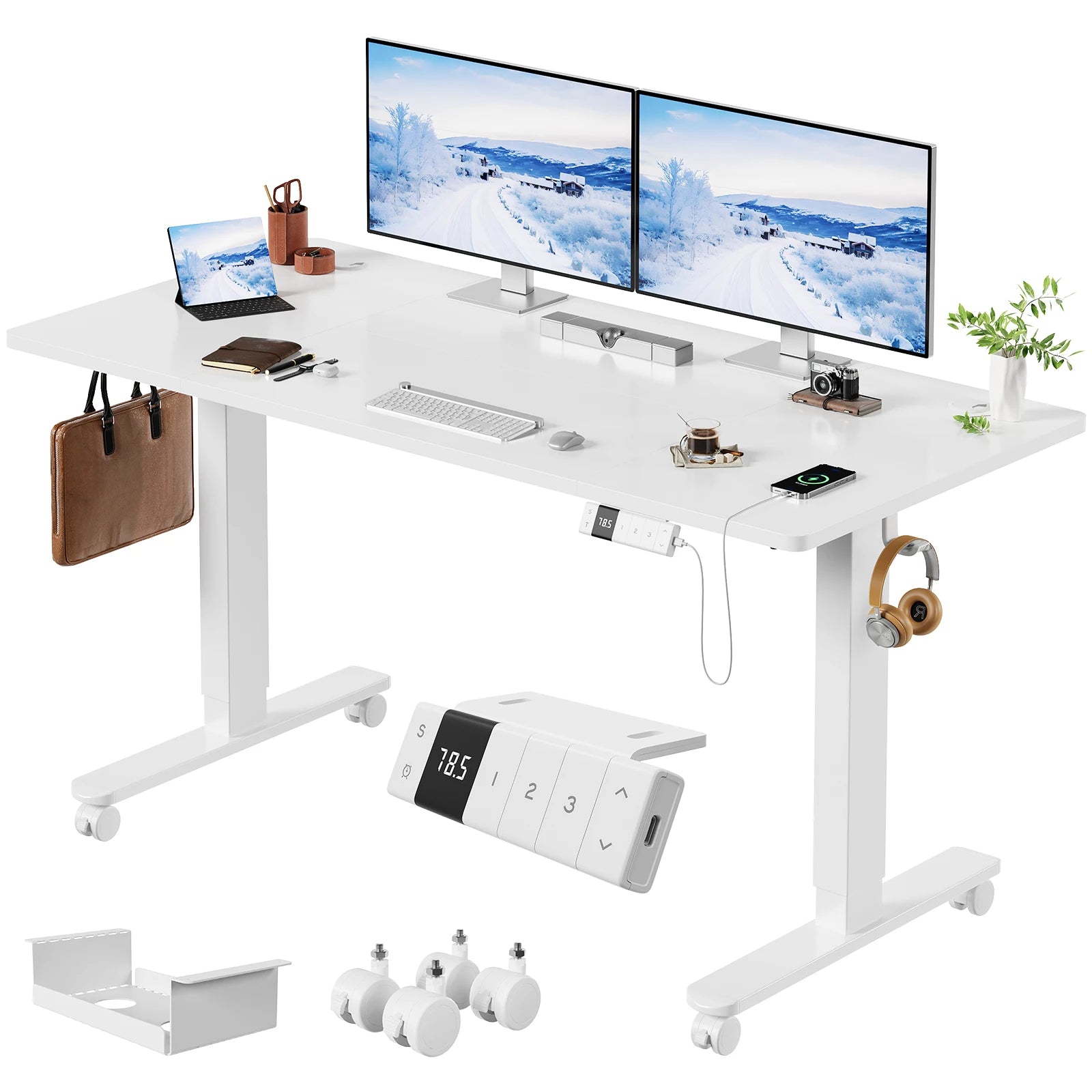 Devoko Elektrischer Schreibtisch, höhenverstellbar, 140x80 mit Rollen, Typ-C, Memory-Steuerung, Antikollision