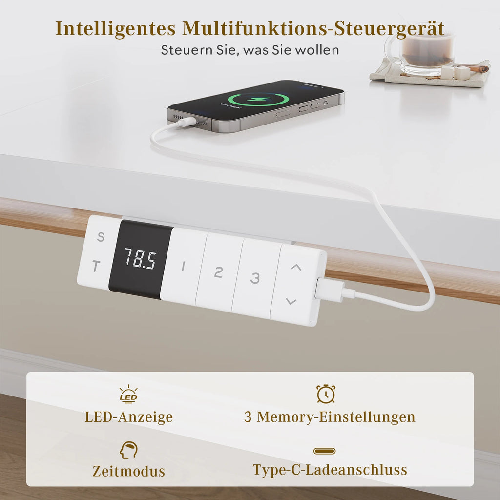 Devoko Elektrischer Schreibtisch, höhenverstellbar, 140x80 mit Rollen, Typ-C, Memory-Steuerung, Antikollision