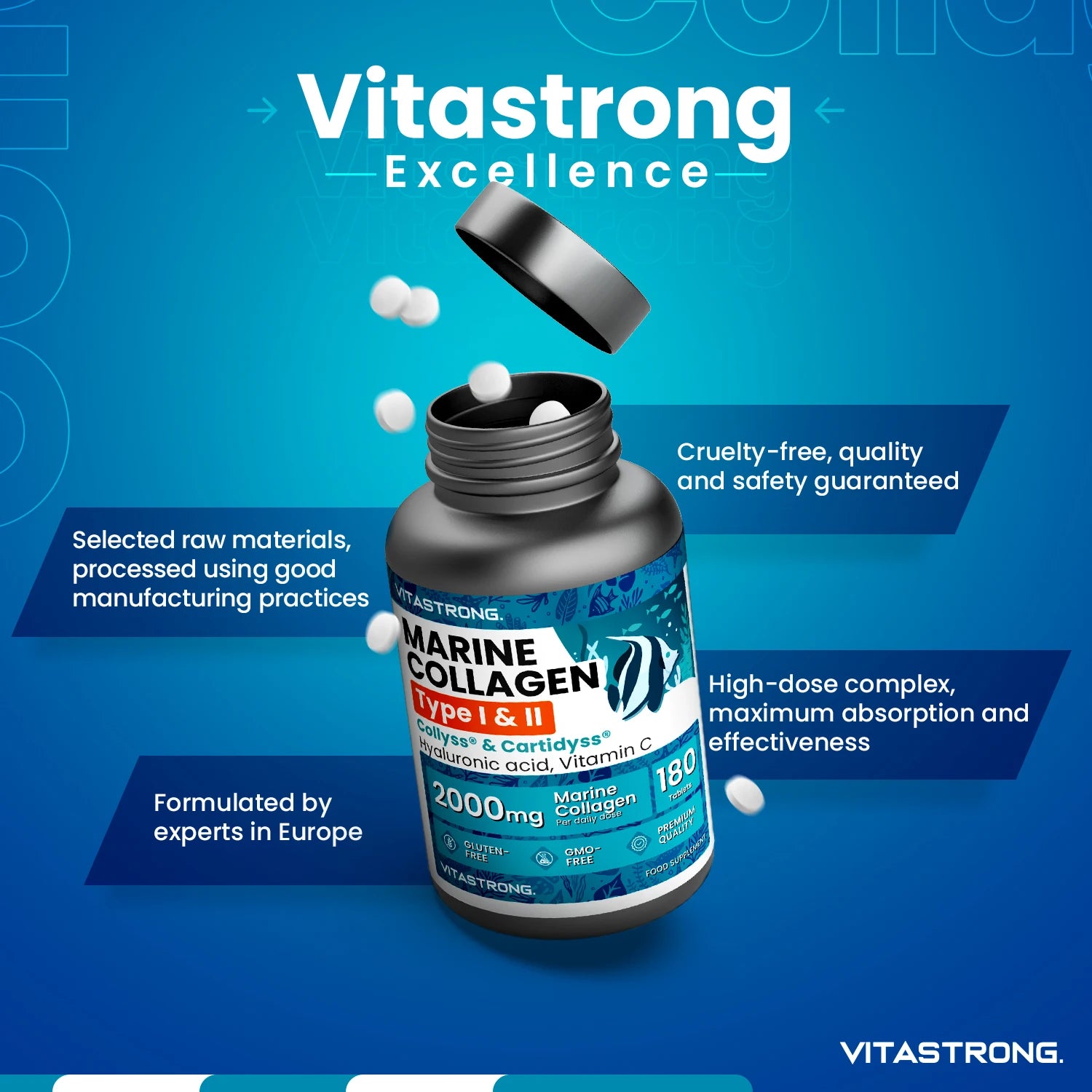 Vitastrong Meereskollagen 2000mg Patentiert – Typ 1 & 2 Collyss® & Cartidyss® – 180 Tabletten – Meereskollagen mit Hyaluronsäure – mit Vitamin C – Effektive Formel – Premium Qualität
