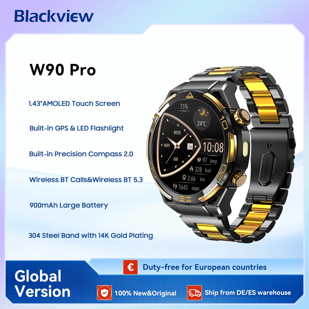 Blackview W90 Pro Smartwatch 1,43" AMOLED Display, Bluetooth Anruffunktion, Herzfrequenzüberwachung, 900 mAh/ 20 Tage Standby, Herren Smartwatch