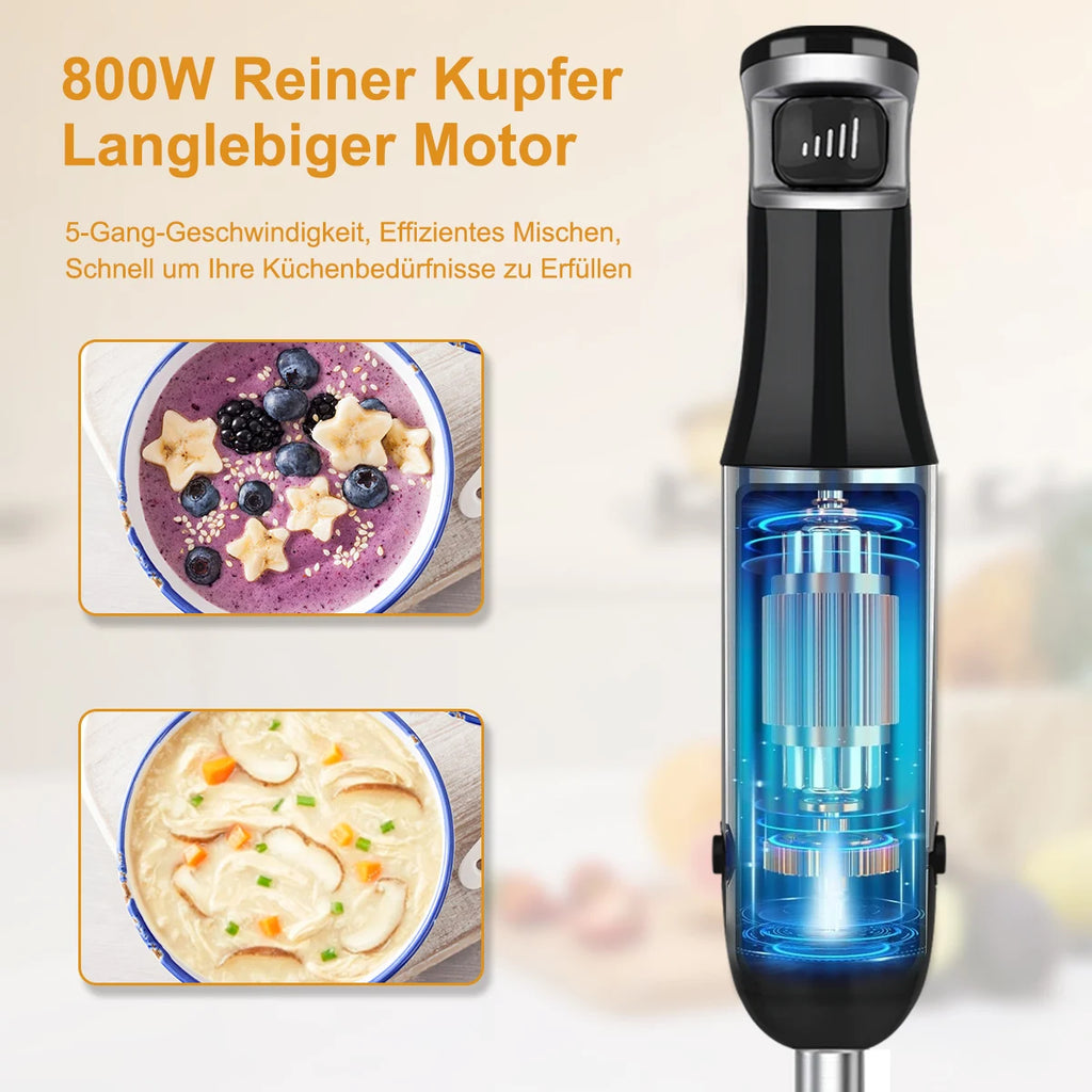 6-in-1 Handheld-Stabmixer – Edelstahl-Stabmixer mit 5 Geschwindigkeiten, Zerkleinerer, Schneebesen und Milchaufschäumer