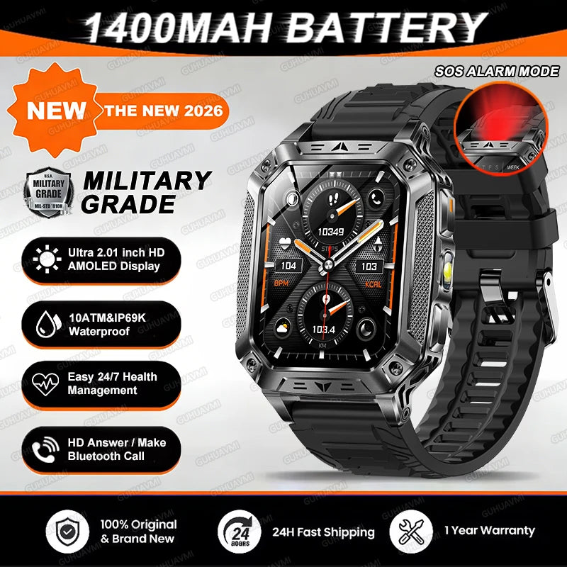2026 TANK Neue 1400mAh Militär GPS Smartwatch Herren 2.01" AMOLED-Bildschirm 10ATM Wasserdichte Uhr SOS Anruf Taschenlampe Smartwatch iOS