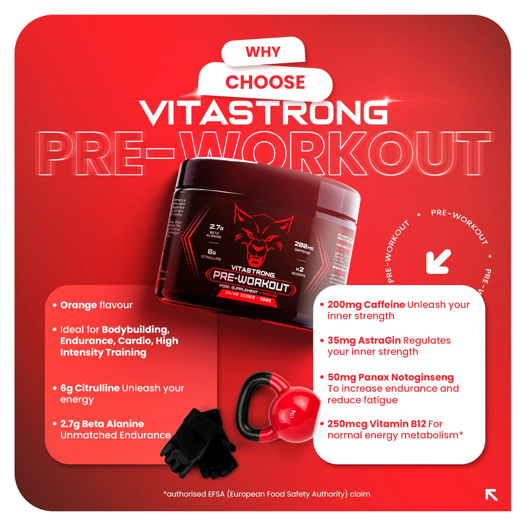 Pre-Workout Powerful 300g - Veganes Nahrungsergänzungsmittel mit L-Citrullin, Beta-Alanin, Koffein, Taurin, AstraGin, Panax Notoginseng, Vitastrong (24 Portionen, Orange Geschmack) - Hergestellt in Italien, Pre-Workout Nahrungsergänzungsmittel Pulver