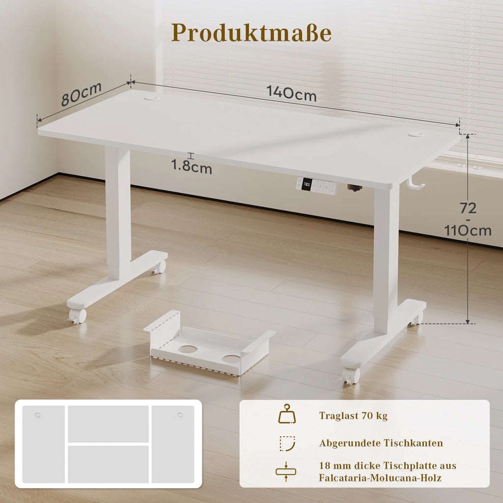 Devoko Elektrischer Schreibtisch, höhenverstellbar, 140x80 mit Rollen, Typ-C, Memory-Steuerung, Antikollision