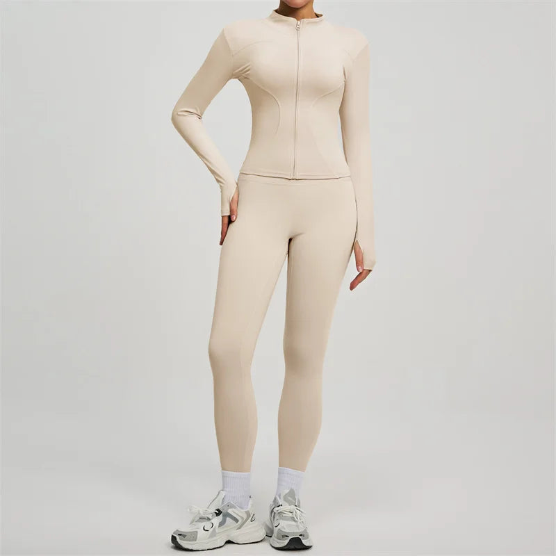 SVEIC Damen Zweiteiliger Trainingsanzug Yoga Set Langarmjacke High Waisted Leggings Atmungsaktive Sportkleidung Für Frauen