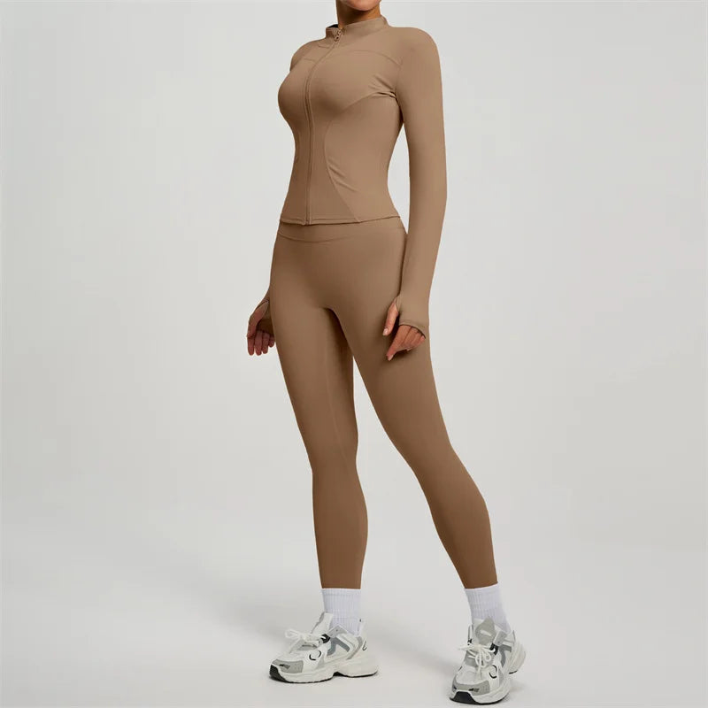 SVEIC Damen Zweiteiliger Trainingsanzug Yoga Set Langarmjacke High Waisted Leggings Atmungsaktive Sportkleidung Für Frauen