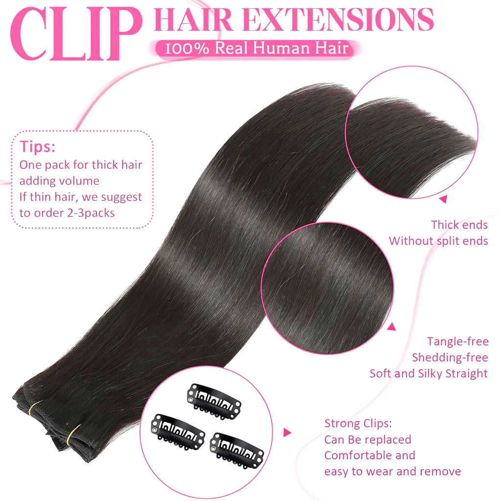 Clip-in Echthaar Extensions Glatt 100% Remy Echthaar Clip-in Extensions Unsichtbare Nahtlose Clip-ins Haarverlängerung 8 Stück Natur