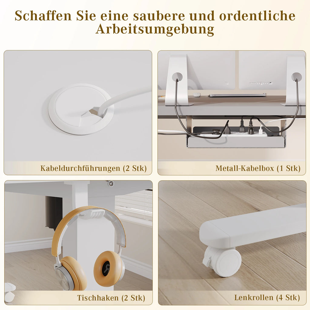 Devoko Elektrischer Schreibtisch, höhenverstellbar, 140x80 mit Rollen, Typ-C, Memory-Steuerung, Antikollision