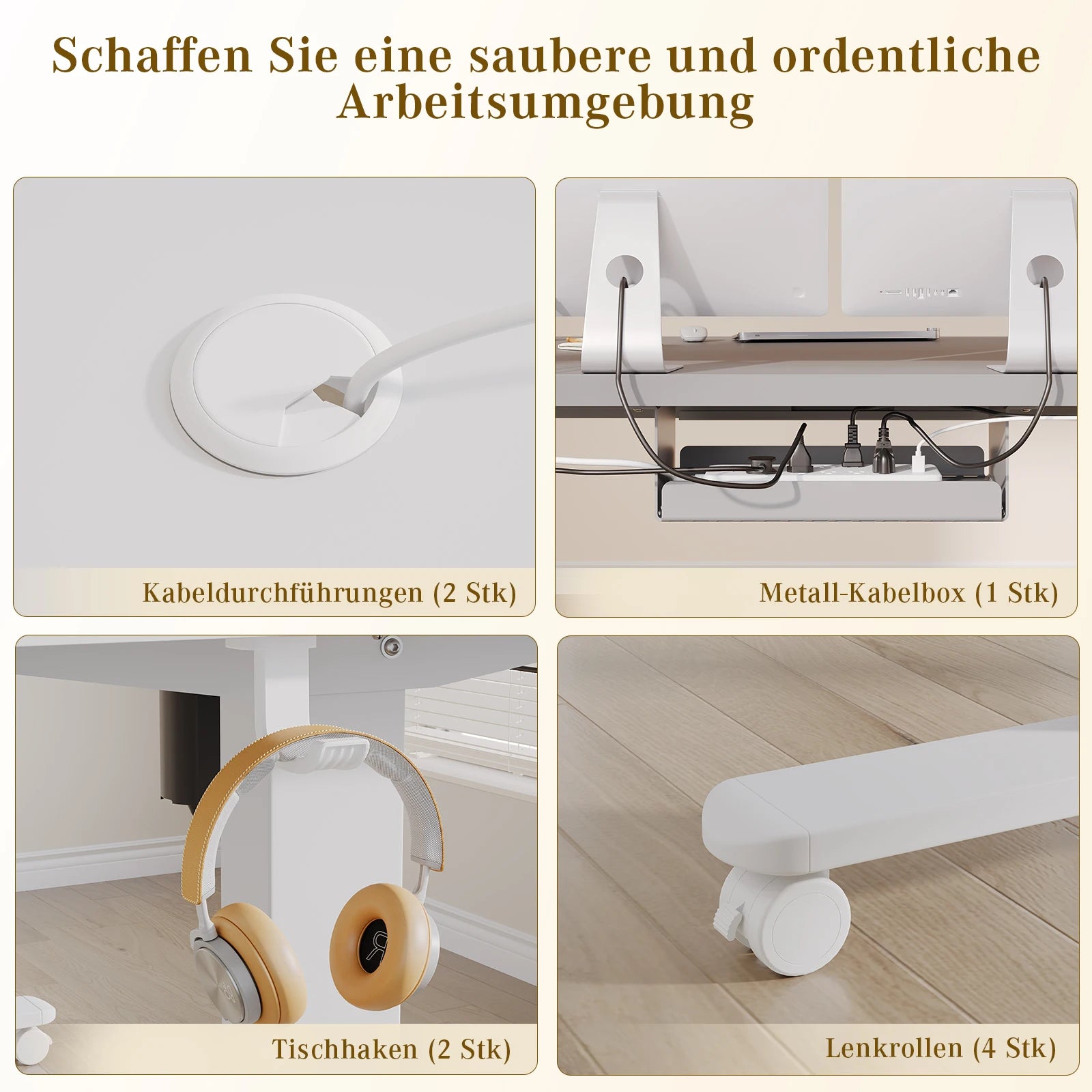 Devoko Elektrischer Schreibtisch, höhenverstellbar, 140x80 mit Rollen, Typ-C, Memory-Steuerung, Antikollision