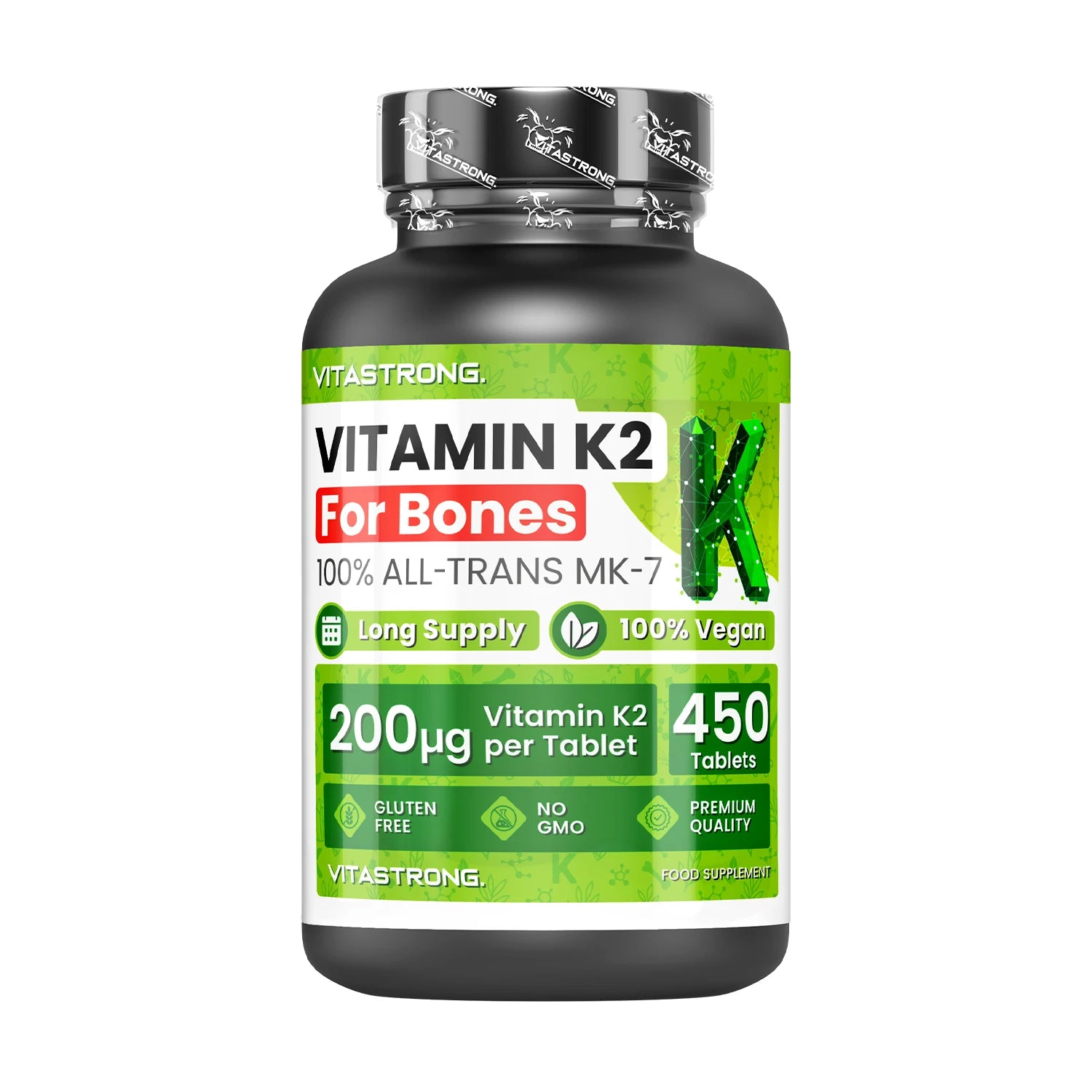 VitaStrong Vitamin K2 200 mcg, hochdosiert, 1 Tablette täglich, 450 Tabletten, Knochengesundheit, Unterstützung von Knochen und Muskeln, Nahrungsergänzungsmittel, Premium Qualität, 100% vegan und saubere Formel Hauptbild