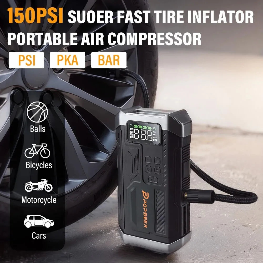POPDEER PD-JA3 5000A 4-in-1 Starthilfe, 150PSI Luftkompressor, 12V QC 3.0 Powerbank mit LCD-Display, 10L Benzin/8L Diesel