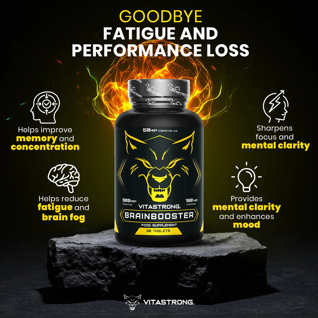 Vitastrong Brain Booster, leistungsstarkes Nootropikum mit Pantothensäure für mentale Leistungsfähigkeit, Koffein-Komplex-Ergänzung, Biotin, Carnitin, Coenzym Q10, Vitamin B6, Vitamin B12 und Folsäure