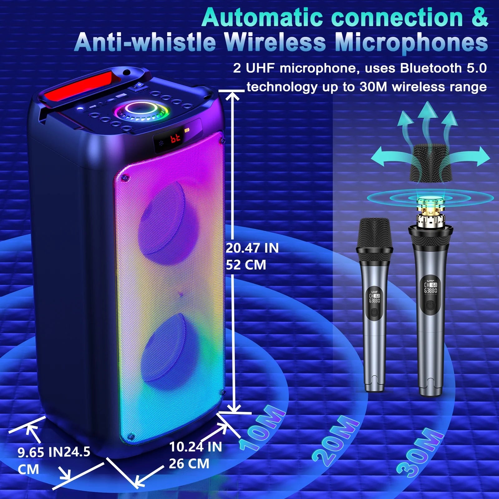Kabelloser Bluetooth-Lautsprecher, Karaoke-Maschine mit 2 Mikrofonen, Karaoke-Partylautsprecher für Zuhause mit LED-Licht