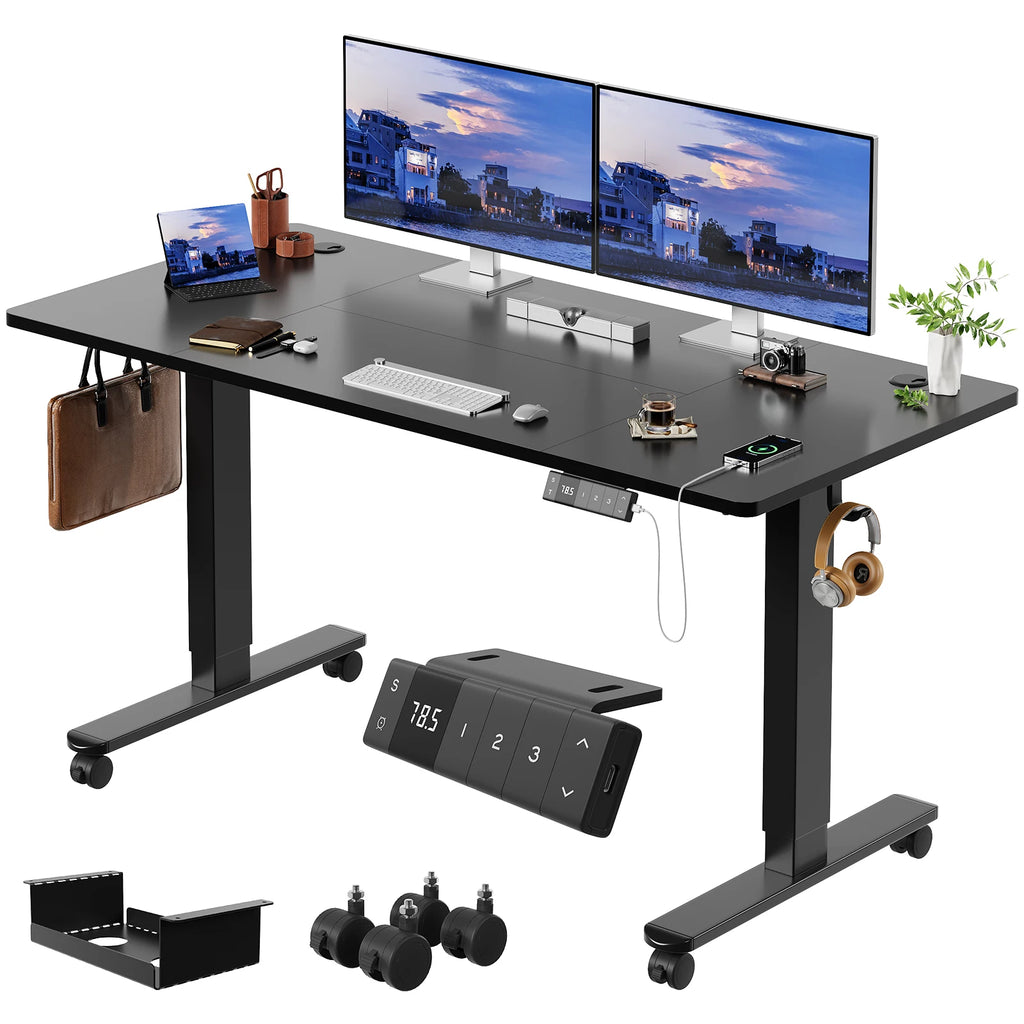 Devoko Elektrischer Schreibtisch, höhenverstellbar, 140x80 mit Rollen, Typ-C, Memory-Steuerung, Antikollision