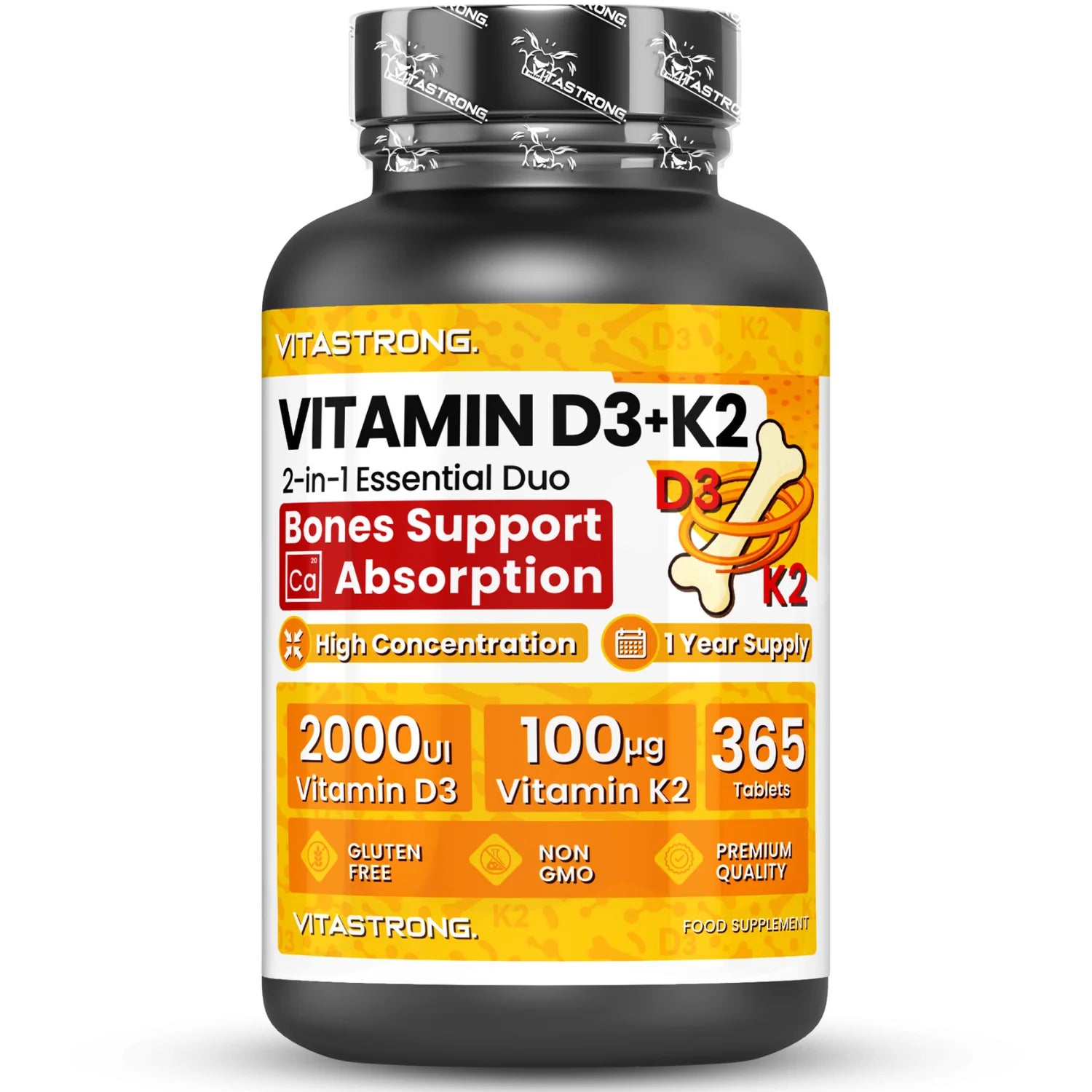 Vitastrong D3 + K2 Vitamin 365 Tage Tabletten 2000 IE, 100 mcg, MK-7 zur Unterstützung des Immunsystems, der Gelenke, Muskeln und Knochen Hauptbild