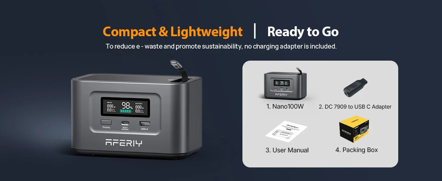 AFERIY Nano100 100W 99.2Wh Portable Power Station, LiFePO4-Akku, 1.5H Schnellladung, Dual 100W PD, mit Typ-C Kabel