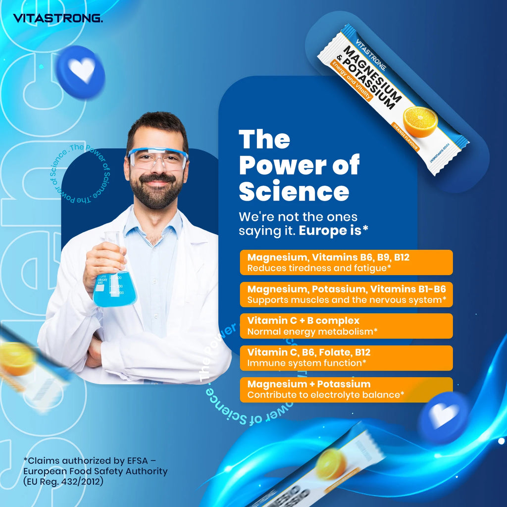 Vitastrong Magnesium & Kalium 10-in-1 Formel - 24 Sticks mit Vitamin C und B-Vitaminen, Orangengeschmack, Saccharose-frei, GMO-frei, Gluten-frei