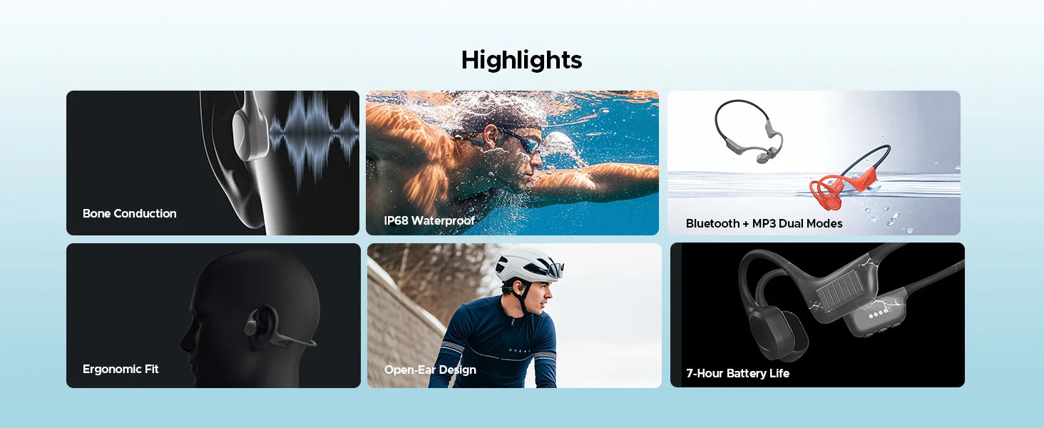 DOOGEE BoneBeat Swim Knochenschall-Kopfhörer IP68 Wasserdicht Schwimmen Open Earphones Bluetooth 5.4 Kabelloser Kopfhörer 7H Akkulaufzeit