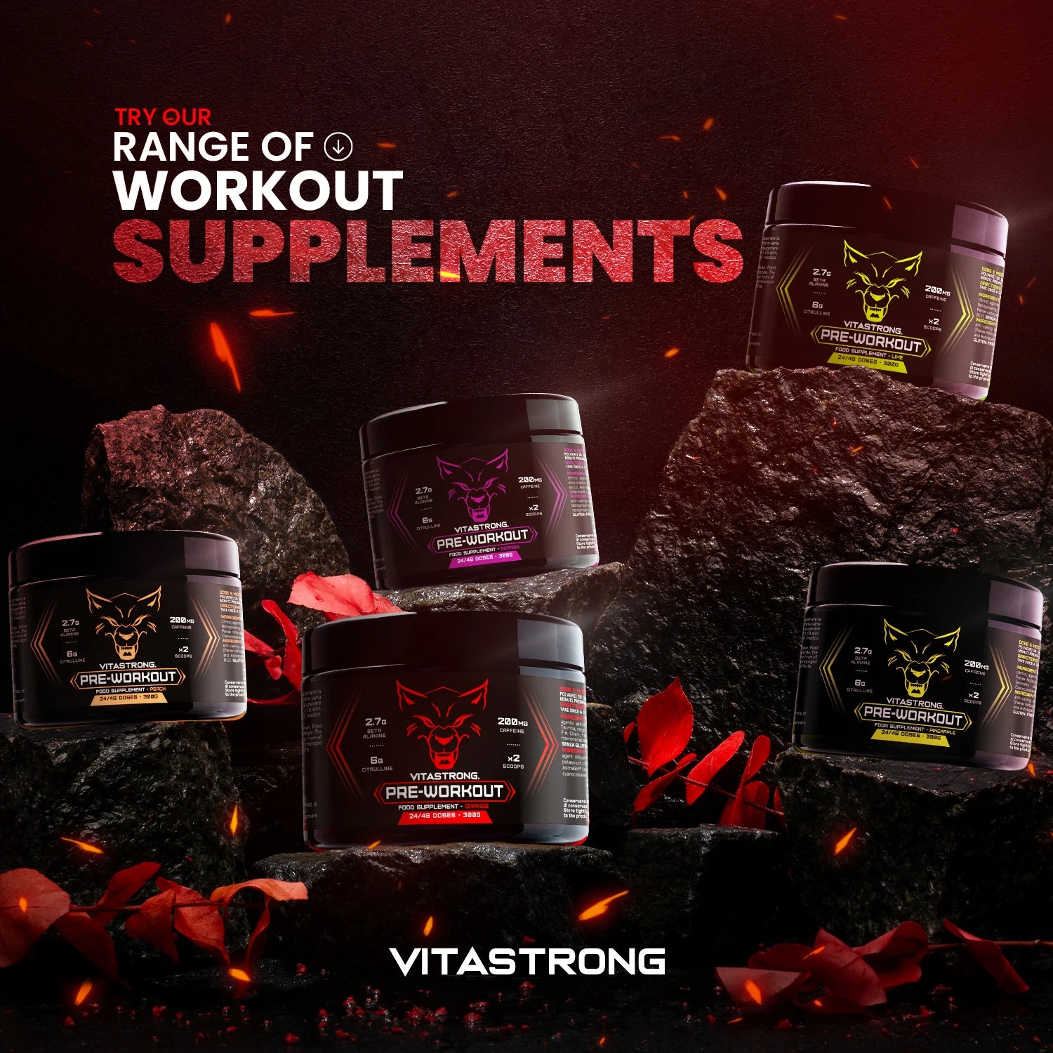 Pre-Workout Powerful 300g - Veganes Nahrungsergänzungsmittel mit L-Citrullin, Beta-Alanin, Koffein, Taurin, AstraGin, Panax Notoginseng, Vitastrong (24 Portionen, Orange Geschmack) - Hergestellt in Italien, Pre-Workout Nahrungsergänzungsmittel Pulver