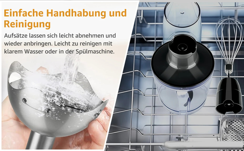6-in-1 Handheld-Stabmixer – Edelstahl-Stabmixer mit 5 Geschwindigkeiten, Zerkleinerer, Schneebesen und Milchaufschäumer