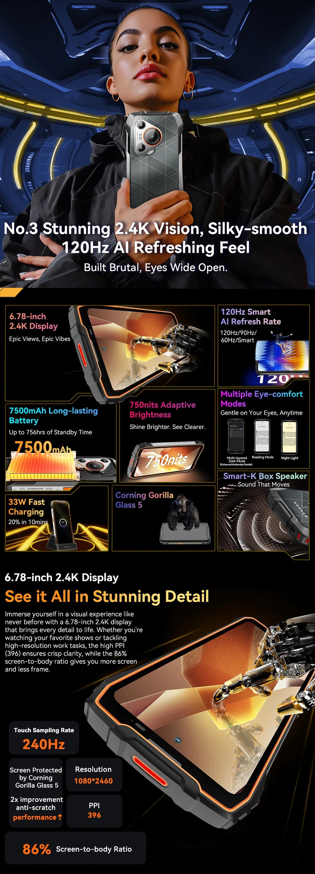Blackview BL7000 KI 5G Outdoor-Smartphone Android 15, MTK 6300, 6,78" FHD+ 120Hz, 7500mAh/33W, Robustes Smartphone Dual SIM NFC/IP69K