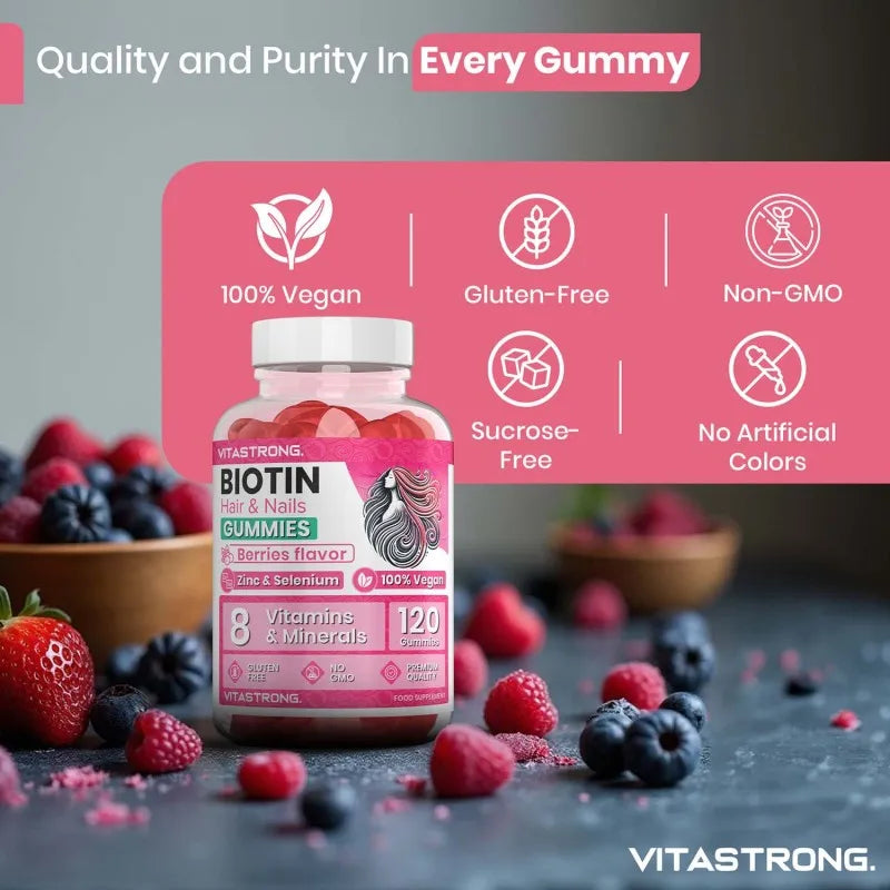 Vitastrong Biotin Hochdosis Komplex 100% Vegan – 120 Biotin Gums für Haare, Haut und Nägel mit Zink, Selen, Vitamin C, Vitamin E, Vitamin B6, Folat und Kaliumjodid – Unterstützt gesundes Haar und reduziert Müdigkeit