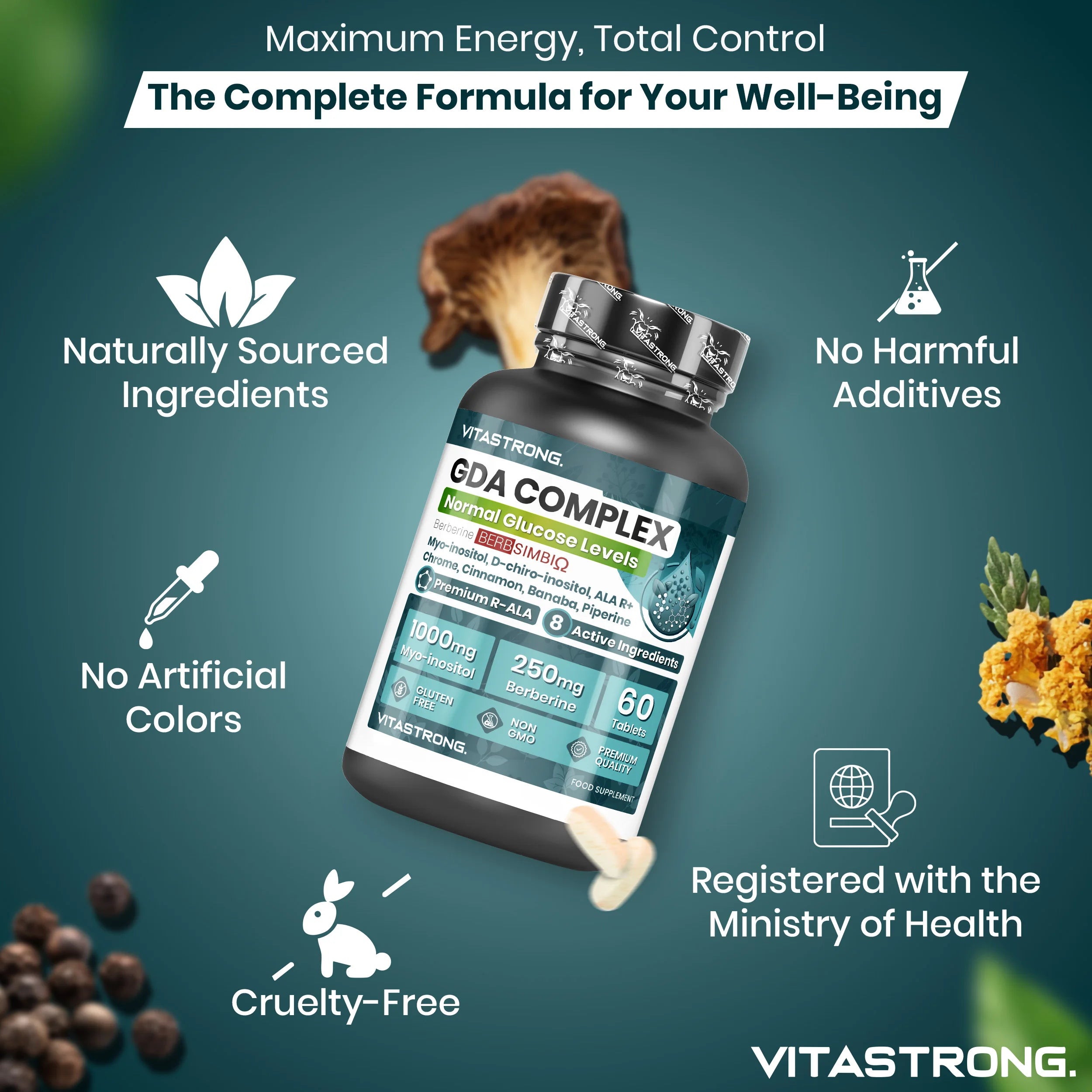 Vitastrong GDA Veganes Nahrungsergänzungsmittel – Unterstützt den normalen Blutzuckerspiegel, steigert Energie und Stoffwechsel mit Berberin, Myo-Inositol und Chrom – 60 Tabletten, GMO-frei