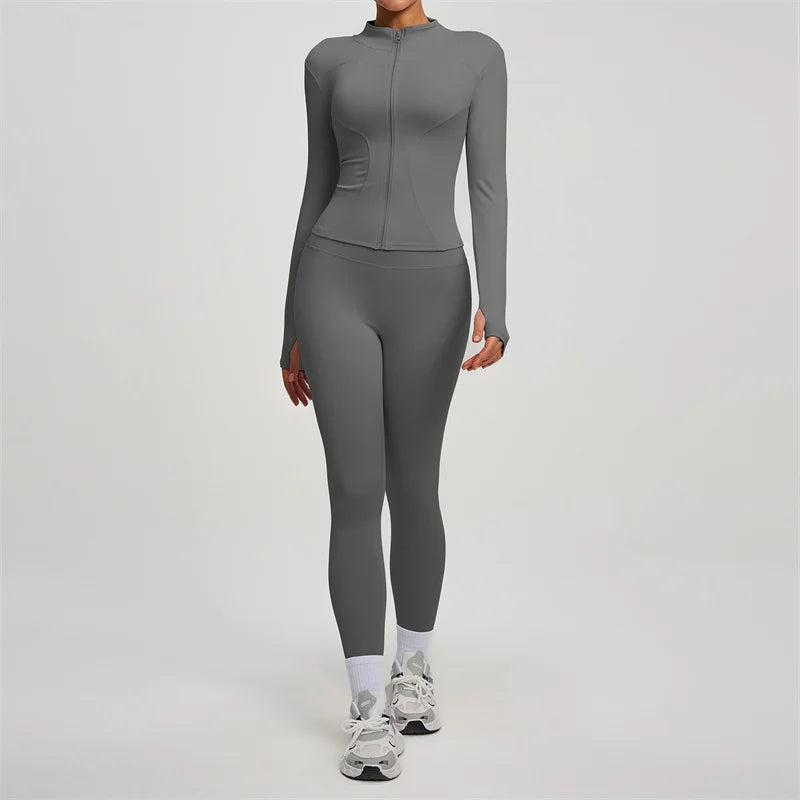 SVEIC Damen Zweiteiliger Trainingsanzug Yoga Set Langarmjacke High Waisted Leggings Atmungsaktive Sportkleidung Für Frauen