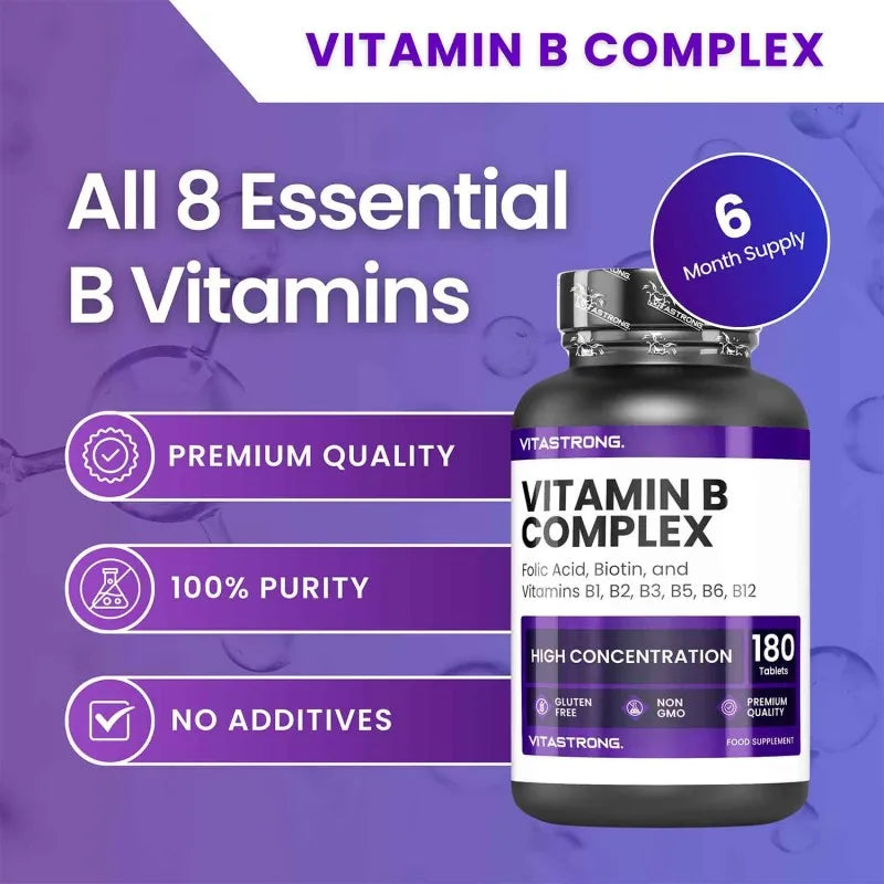 Vitamin B Komplex hochdosiert, 180 Tabletten Vitamine Gruppe B Biotin, Thiamin B1, Riboflavin B2, Vitamin B3 Niacin, B5 Pantothensäure, B6, Vitamin B12 und Folsäure