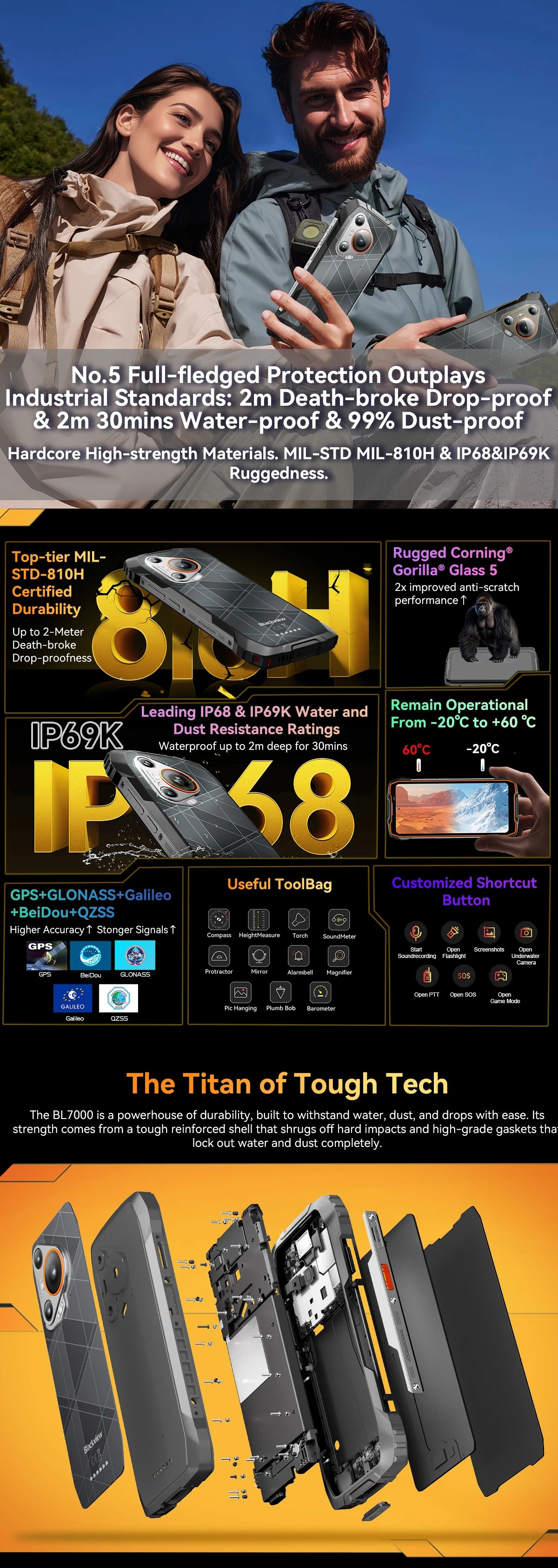 Blackview BL7000 KI 5G Outdoor-Smartphone Android 15, MTK 6300, 6,78" FHD+ 120Hz, 7500mAh/33W, Robustes Smartphone Dual SIM NFC/IP69K