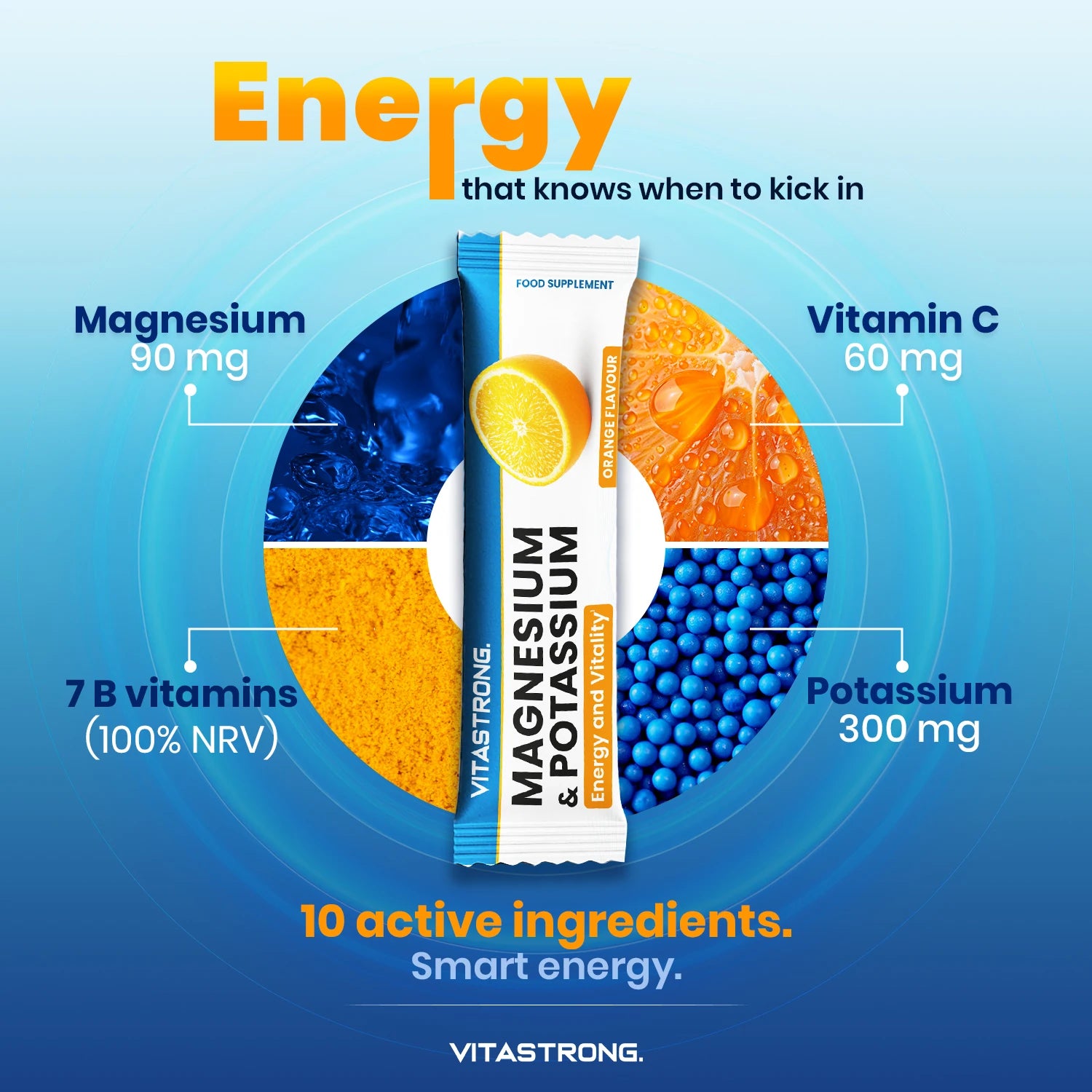 Vitastrong Magnesium & Kalium 10-in-1 Formel - 24 Sticks mit Vitamin C und B-Vitaminen, Orangengeschmack, Saccharose-frei, GMO-frei, Gluten-frei