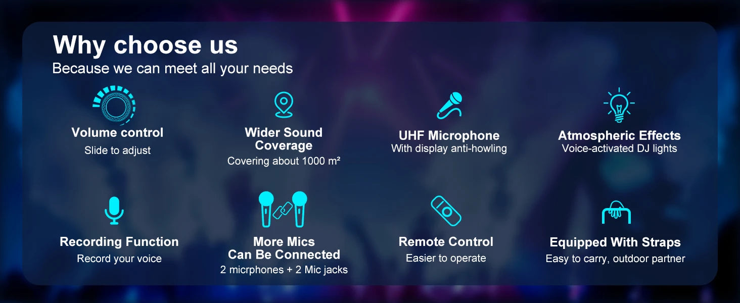 Kabelloser Bluetooth-Lautsprecher, Karaoke-Maschine mit 2 Mikrofonen, Karaoke-Partylautsprecher für Zuhause mit LED-Licht