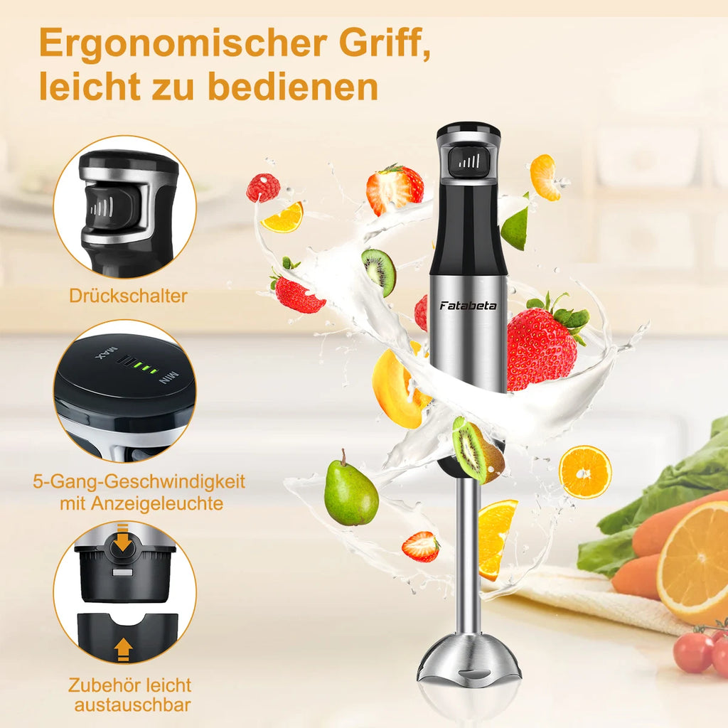 6-in-1 Handheld-Stabmixer – Edelstahl-Stabmixer mit 5 Geschwindigkeiten, Zerkleinerer, Schneebesen und Milchaufschäumer