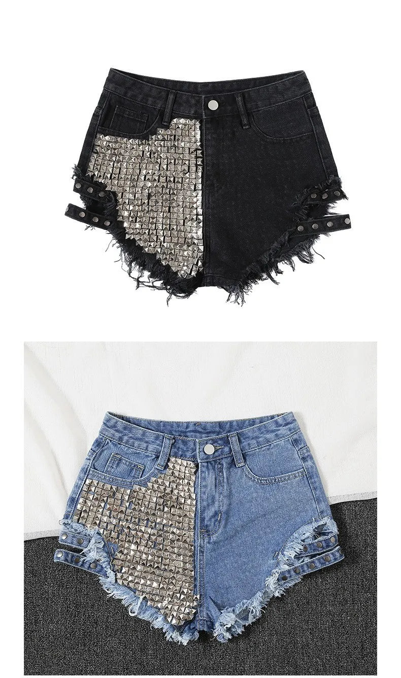 Summer Side Spike Damen-Denim-Shorts 2021 Mode Loose Holes High Waist Jeans High Street Weite Beine Dünne Shorts Damen Hosen