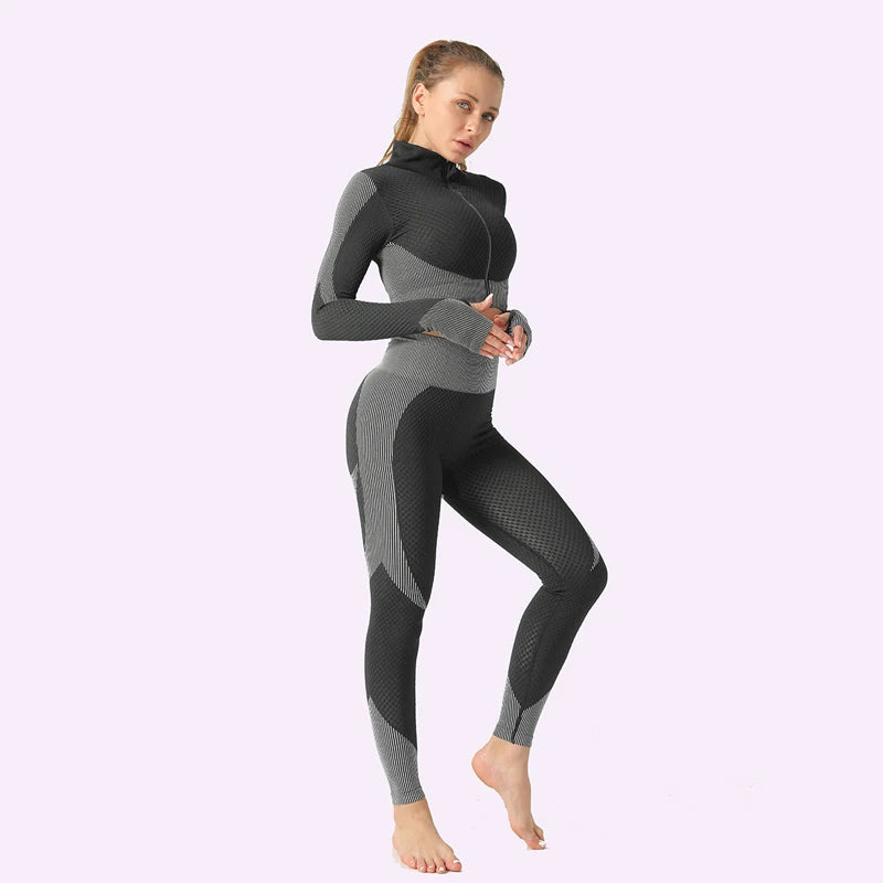 2/3tlg Damen Yoga Anzug Nahtlos Gestrickte Yogahose Leggings Kleidung Reißverschluss Langarm Crop Top Fitnesskleidung Sportbekleidung Gym Set