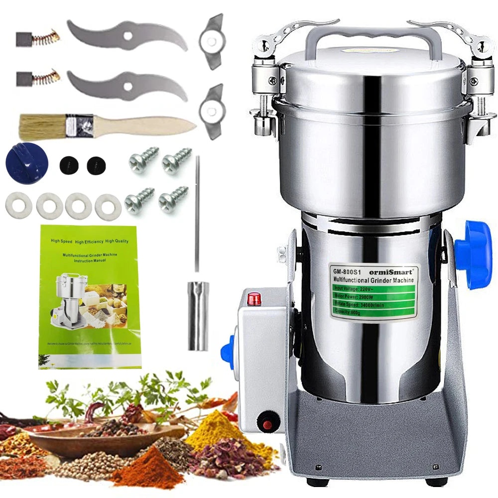 800G Kräutermühle Kaffeemaschine Getreidemühle Gewürzmühle Medizin Weizenmischer Trockenfutter Mühle Große Kapazität Edelstahl