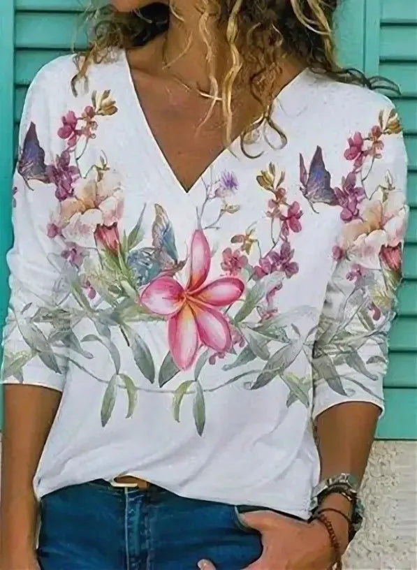 Sommer Neue Boho Blumenblusen Damen Mode Hemd V-Ausschnitt 3/4 Ärmel Blumendruck Hemd Tops Lässige Locker Damen Floral Bluse Hauptbild