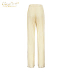 Clacive Lässiger locker sitzender Hausanzug Herbst Langarmbluse mit High-Waist-Hose Set Damen Elegantes plissiertes beiges 2-teiliges Hosenset