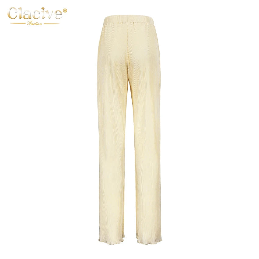 Clacive Lässiger locker sitzender Hausanzug Herbst Langarmbluse mit High-Waist-Hose Set Damen Elegantes plissiertes beiges 2-teiliges Hosenset
