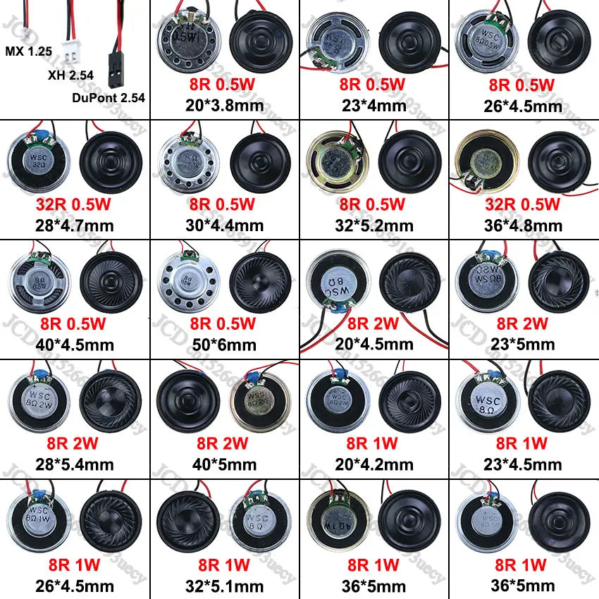 2x 8 32 Ohms 8R 32R 0.5W 1W 2W Diameter 20 23 26 28 30 32 36 40 50 MM Ultra-thin Speaker W/ MX XH DuPont Line 1.25 2.54 Terminal Main image