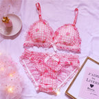 Süßes japanisches BH- und Slip-Unterwäsche-Set Lolita-Mädchen Rosa kariertes Blumen-Mesh Sexy Erdbeer-Print-BH & Höschen Dessous-Set