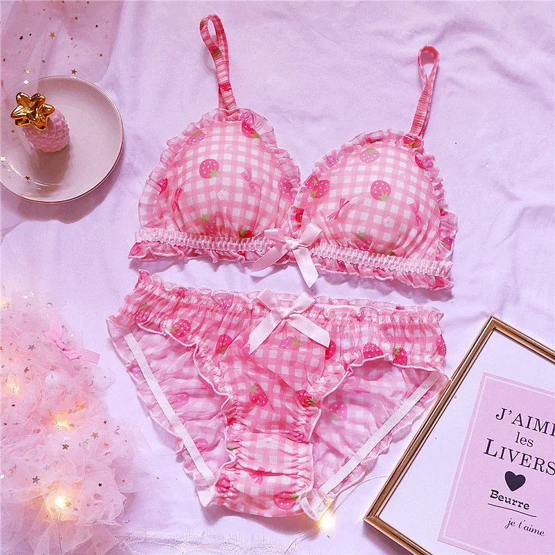 Süßes japanisches BH- und Slip-Unterwäsche-Set Lolita-Mädchen Rosa kariertes Blumen-Mesh Sexy Erdbeer-Print-BH & Höschen Dessous-Set