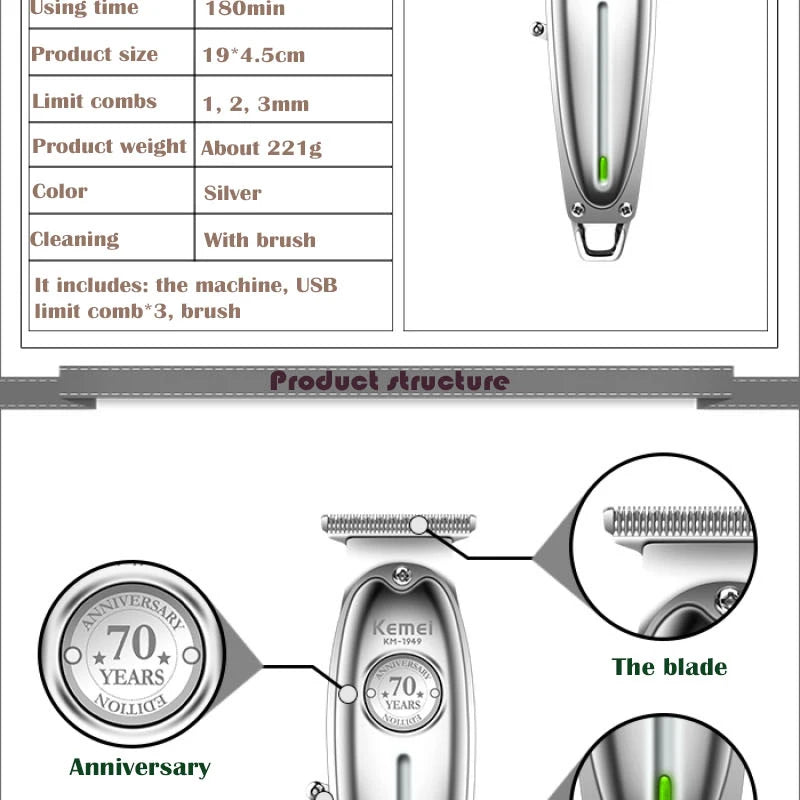 Kemei 1949 Ganzmetall-Haarschneider Professioneller Clipper für Friseure Wiederaufladbarer Elektrischer Herren-Bartrasierer Haarschneidemaschine